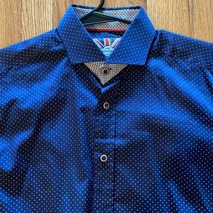 Navy blue patterned 7 Donnie St. dress shirt.